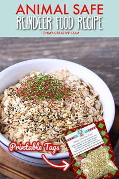 an animal safe reindeer food recipe in a bowl with sprinkles on top