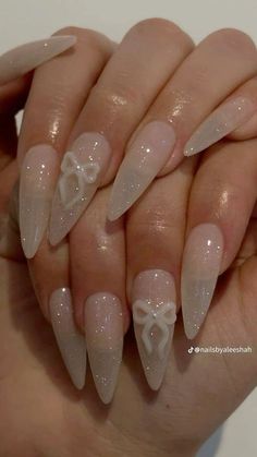 Almond Glass Nails, 3d Bow Nail Art, 3d Bow Nails, White Gel X Nails, Bridgerton Nails Ideas, Korean Nails Almond, Bow Charm Nails, Summer White Nails, White Nails Acrylic