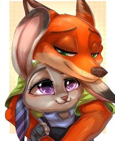 a drawing of a fox with purple eyes and an orange jacket over his shoulders, holding onto another animal's back