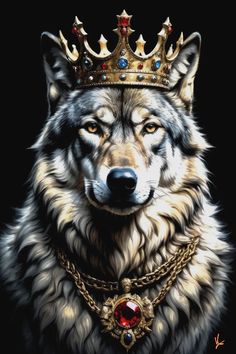 a wolf with a crown on it's head and wearing a chain around its neck