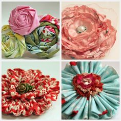 four different types of fabric flowers are shown in this collage, each with their own unique colors