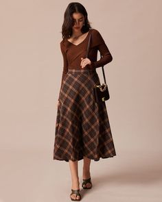 The Brown Elastic Waist Plaid A-Line Midi Skirt & Reviews - Brown - Bottoms | RIHOAS Midi Rok Outfit, Classic Edgy Outfits, Midi Rock Outfit, Brown Skirt Outfit, Dark Academia Outfits, Academia Outfits, Midi Skirt Outfit, Tailored Clothes, Look Plus Size