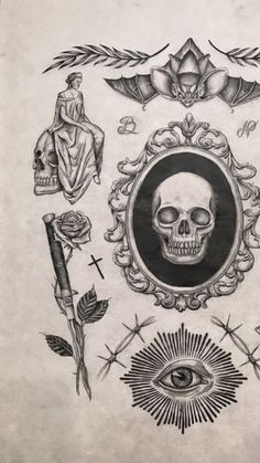 an old school tattoo design with skulls and roses