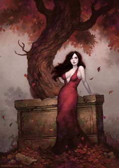 a woman in a red dress standing next to a trunk under a tree with leaves on it