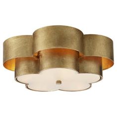 a gold ceiling light with three shades of white on the top and one shade in the middle