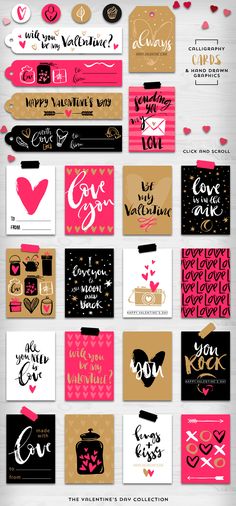 valentine's day greeting cards and envelopes with hearts on them, all in different colors