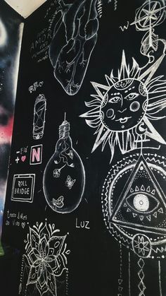 chalk drawings on the side of a blackboard with white writing and symbols drawn on it