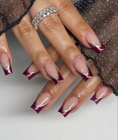 French nails Plum Tip Nails, Nail Inspiration Dark Red, Dark Purple French Tips, Burgundy French Nails, Dark Purple French Tip Nails, Maroon French Tip Nails, Dark Red French Tip, Burgundy French Tip Nails, Senior Nails