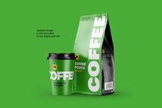 the coffee bag and cup are next to each other on a green background with an advert