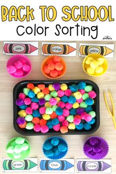 the back to school color sorting activity is shown with cupcakes and crayons