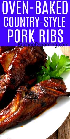 oven baked country style pork ribs on a white plate with parsley