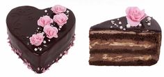 two heart shaped cakes next to each other with pink flowers on the top and chocolate frosting