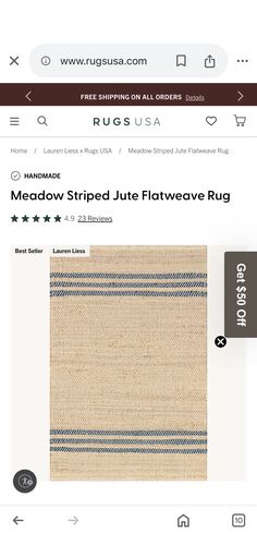 a screen shot of the website for rugs on sale, with an image of a striped jute flatweave rug