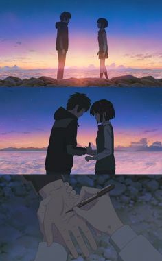 two people standing next to each other in front of a sunset and one holding a cell phone