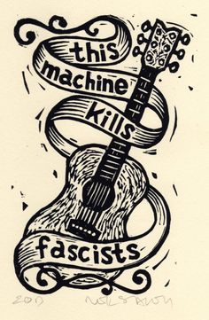 "Hand Carved and Hand Pressed Linocut Print One color black oil based ink on cream card stock paper. Measures 4\" x 6\" This Machine Kills Fascists Guitar Woody Guthrie Tribute By artist Neil Stavely" Stencil Art Of Jerry Garcia, Woody Guthrie, Revolution Art, Folk Musician, Punk Culture, Winchester Va, Protest Art, Linocut Art, Musician Gifts