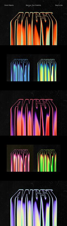 multiple images of different shapes and colors on a black background