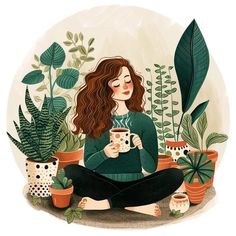 a woman sitting on the ground holding a coffee cup in front of potted plants