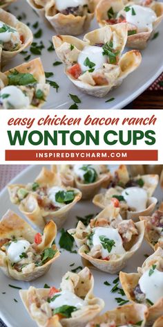 Looking for easy-to-make recipes this Super Bowl? This Easy Chicken Bacon Ranch Wonton Cups recipe will save the day! You can make this simple yet delicious appetizer with chicken, bacon, ranch, and wonton cups. Pin this idea for later!