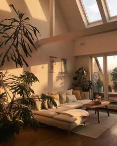 a living room filled with furniture and a skylight over the top of the ceiling