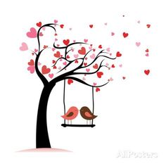 two birds sitting on a swing under a tree with hearts