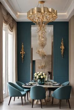 elegant dining room ideas with noble chairs upholstere 0 Blue Dinning Room Wallpaper, Royal Dining Room Aesthetic, Blue Pattern Wallpaper Dining Room, Royal Dinning Room Aesthetic, Blue Velvet Dining Chairs Wood Table, Blue And White Dining Room, Cabinet Options