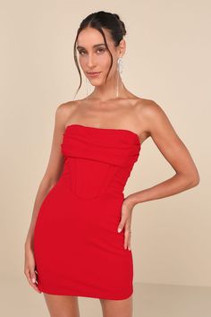 Dramatic Intent Red Strapless Corset Bodycon Mini Dress Red Hoco Dress Short, Dark Red Homecoming Dresses, Short Red Dress Formal, Hoco Dress Short, Mini Dress Corset, Red Hoco Dress, Red Corset Top, Corset Top Outfit, Strapless Homecoming Dresses