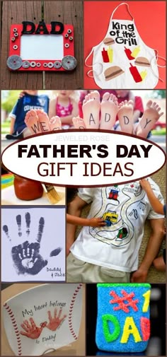 father's day gift ideas with handprints and pictures on the table, including a