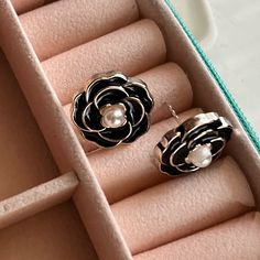 Black Camellia Rose Stud Earrings Black Rose Earrings, Elegant Black Flower Earrings For Evening, Elegant Black Jewelry With Rose Design, Rose Stud Earrings, Clothes Shopping, Rose Earrings, Earrings Color, Black Rose, Shopping Trip