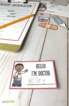 an id badge with the words hello, i'm doctor on it next to a clipboard