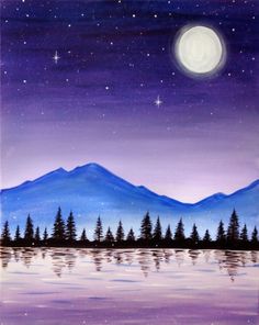 a painting of mountains and trees with the moon in the sky above them on a purple background