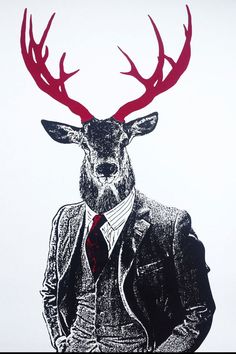 a drawing of a deer wearing a suit and tie