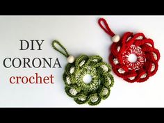 two crocheted flower ornaments sitting next to each other on a white background with the words diy corona crochet