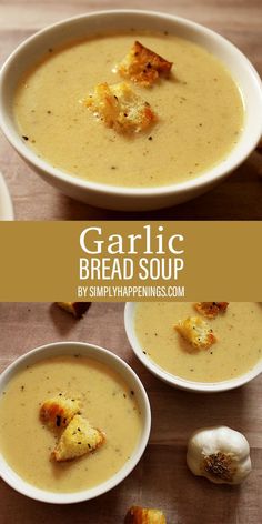 two bowls of garlic bread soup on a wooden table