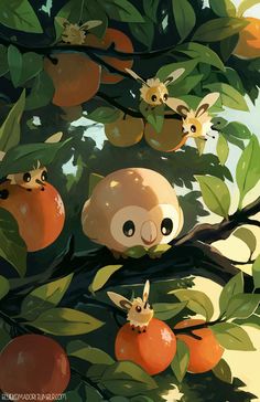 an orange tree filled with lots of fruit and two animals sitting on top of it