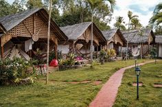 a row of wooden houses with grass and palm trees in the background