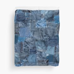 an image of a blue patchwork denim material duvet cover with white pillowcase