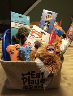 a basket filled with toys on top of a table