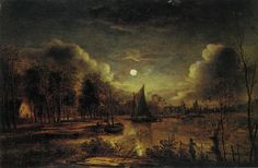 a painting of boats on a river at night