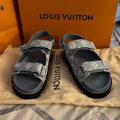 Lv Jean Logo Dad Sandals Lv Sandals, Dad Sandals, Jeans Logo, Louis Vuitton Shoes, Women's Shoes Sandals, Shoes Sandals, Color Blue, Loafers, Louis Vuitton