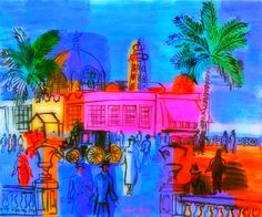 an artistic drawing of people walking around in the city with palm trees on either side