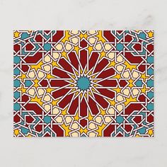 an intricately designed tile in red, yellow and blue colors with stars on it