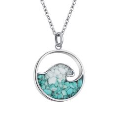 PRICES MAY VARY. ❤GEMSTONE WAVE NECKLACE - Dainty ocean wave circle pendant necklace filled with delicate tumbled small turquoise, blue sodalite and coral sand chips, looking elegant and charming, specially created for women and teen girls. Perfect for everyday wear and other special occasions, such as ocean-themed jewelry, to express your love to the ocean. ❤MATERIAL & SIZE - The necklace is made of turquoise, blue sodalite, coral sand gems and durable 316L Stainless Steel, high polished and sh Wave Pendant, Wave Necklace, Blue Sodalite, Circle Pendant Necklace, Women Beach, Charm Pendant Necklace, Ocean Wave, Themed Jewelry, Beach Themed