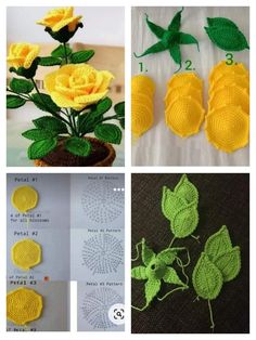 crocheted flowers and leaves are shown in four different pictures, including one yellow rose