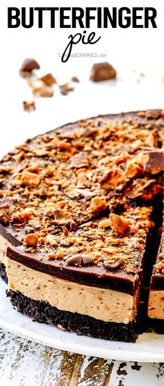 a chocolate peanut butter pie on a white plate with the text overlay above it