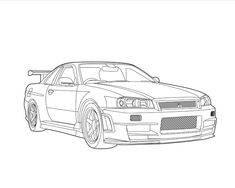 a drawing of a car in black and white