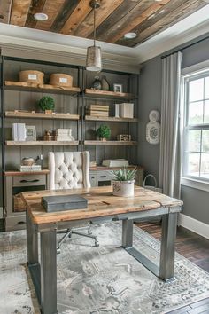 a home office with shelving and shelves