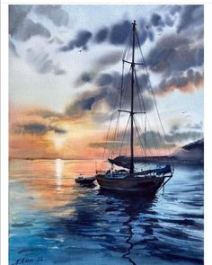 a painting of a sailboat in the ocean at sunset