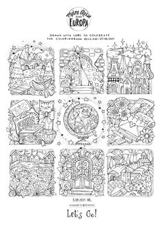 an adult coloring book with the words let's go europe and pictures of different countries