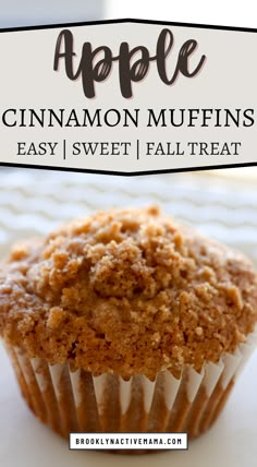 an apple cinnamon muffin on a plate with the title above it