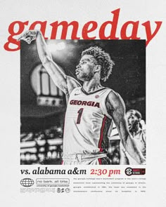 a poster for the gameday with a man holding a basketball in his right hand